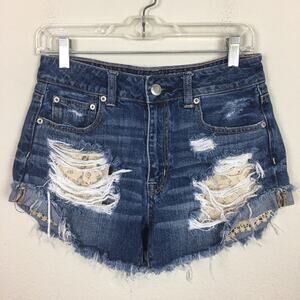 American Eagle Blue Distressed Lace Hi Rise Festival Shorts 8